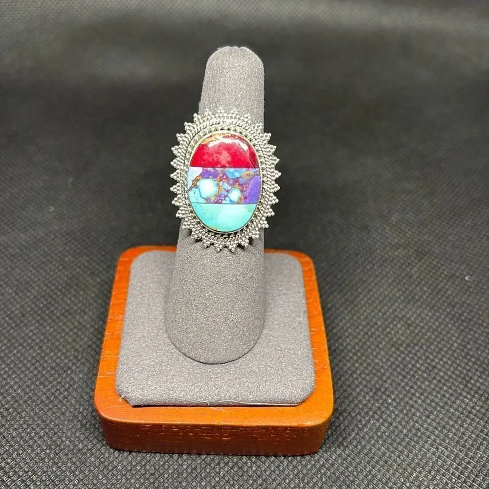 NWT Turquoise and Red Dahlia 925 Sterling Silver Trifecta Ring size 6